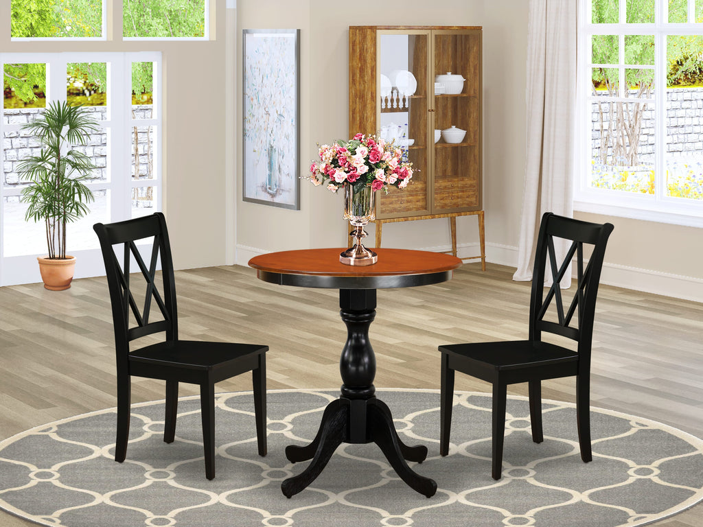 ESCL3-O6O-Y 3 Piece Set Compact Dining Ensemble with Round Table & Duo of Chairs - Black & Cherry