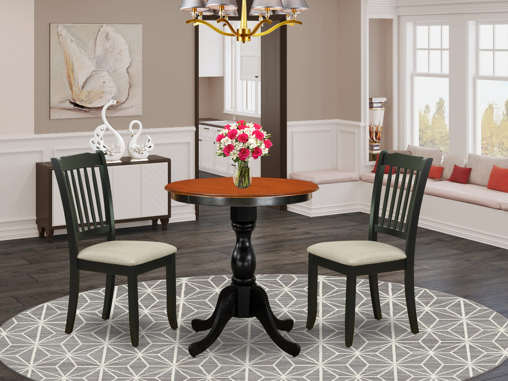 ESDA3-JRL-2 - Stylish 3 Piece Small Space Table Set with Round Pedestal and Upholstered Chairs, 30 Black Cherry