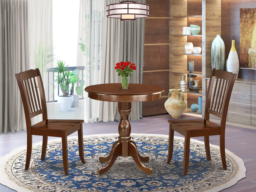 ESDA3-ZPK-0 Set Trio of Modern Dining with Round Pedestal Table and Two Chairs, Rich Mahogany Finish, 30x30