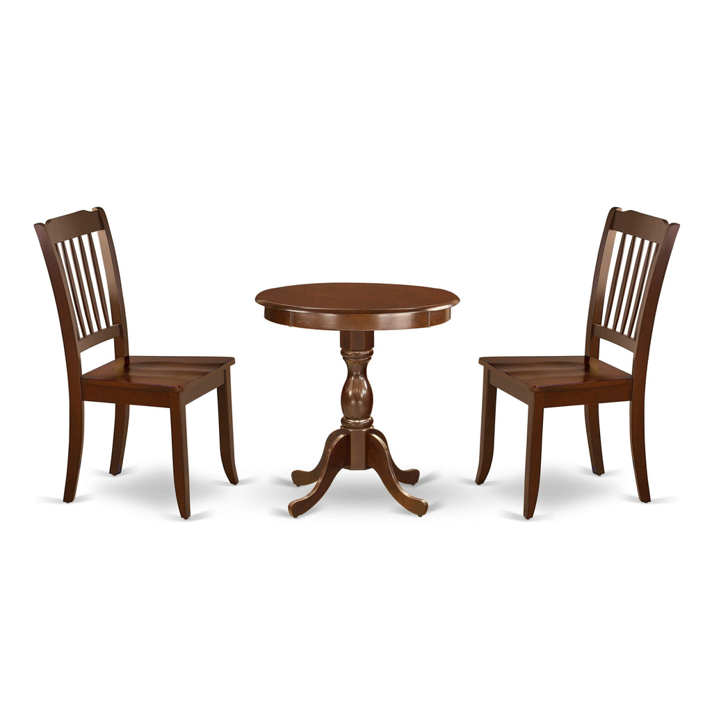 ESDA3-ZPK-0 Set Trio of Modern Dining with Round Pedestal Table and Two Chairs, Rich Mahogany Finish, 30x30