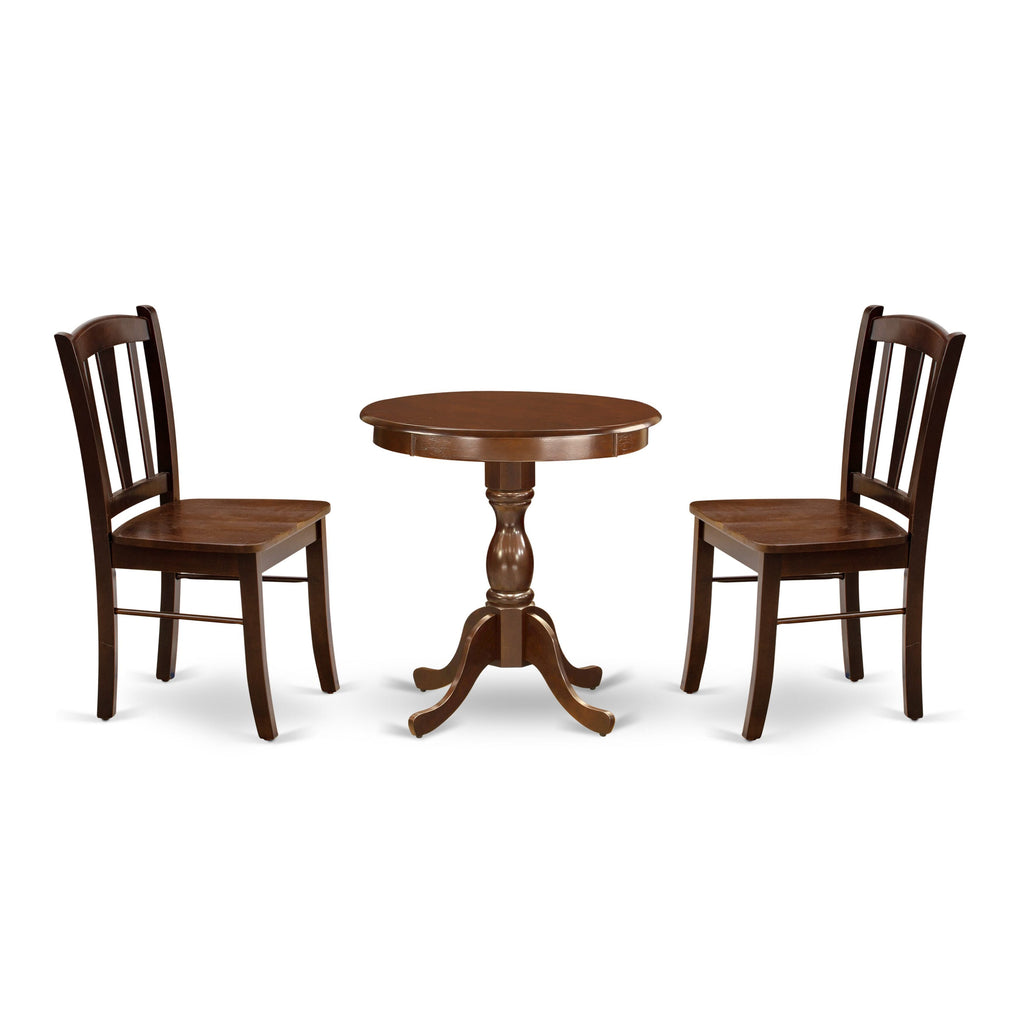 ESDL3-Y6N-X Set Round Table Pedestal & 2 Chairs for Compact Spaces, 30x30, Mahogany Finish