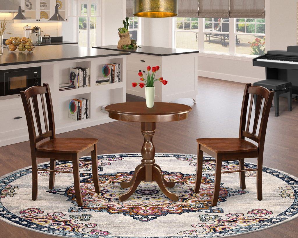 ESDL3-Y6N-X Set Round Table Pedestal & 2 Chairs for Compact Spaces, 30x30, Mahogany Finish