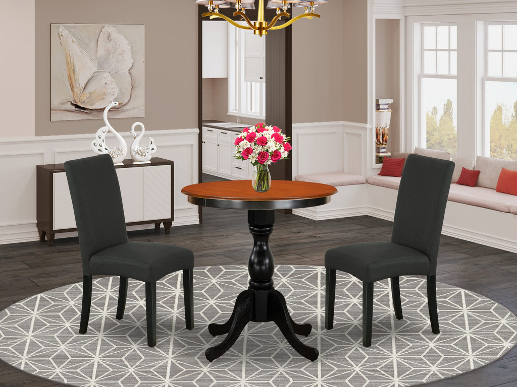 Compact Dining Suite ESDR3-OSD-XA 3-Piece Set with Round Table & 2 Charcoal Linen Chairs for Cozy Nooks