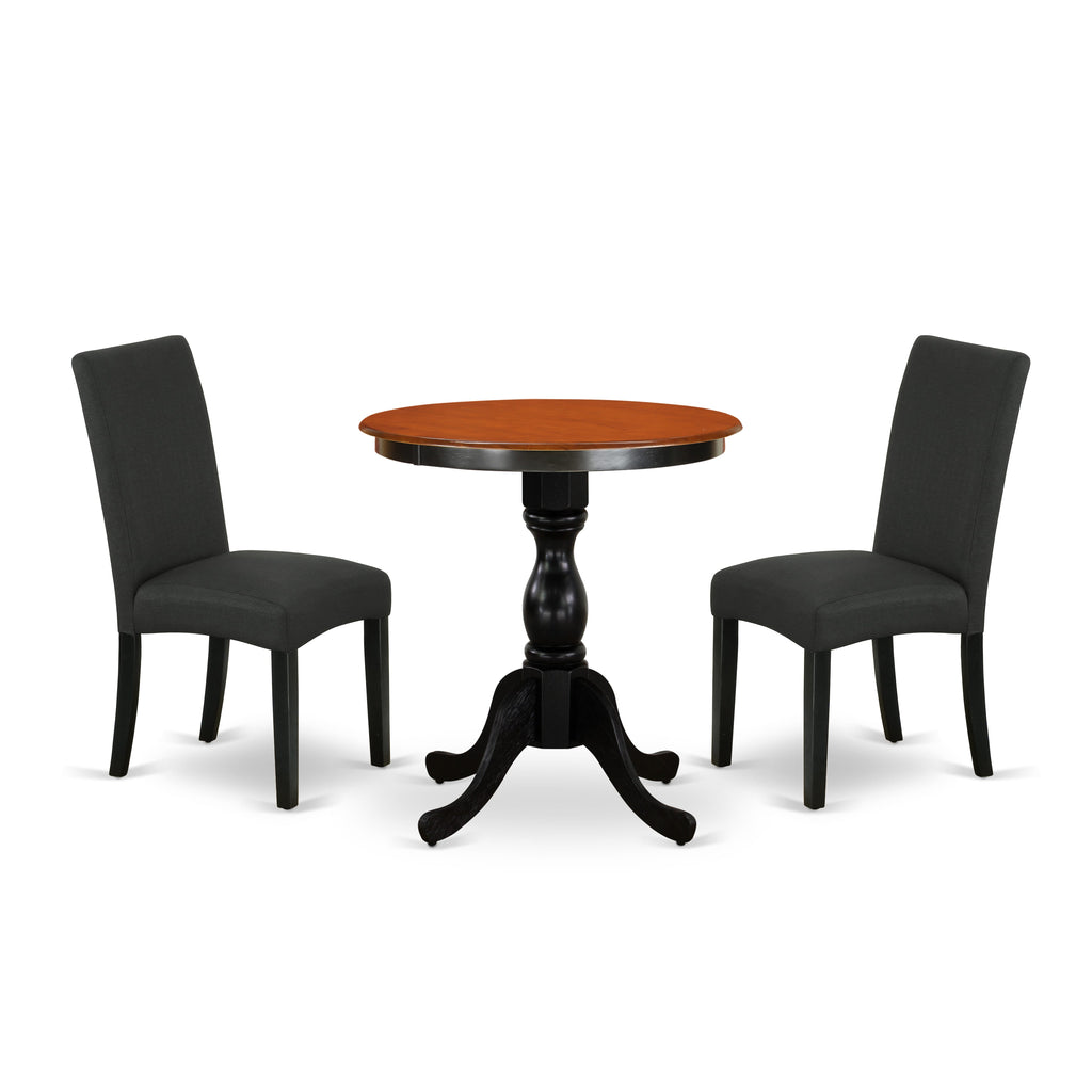 Compact Dining Suite ESDR3-OSD-XA 3-Piece Set with Round Table & 2 Charcoal Linen Chairs for Cozy Nooks
