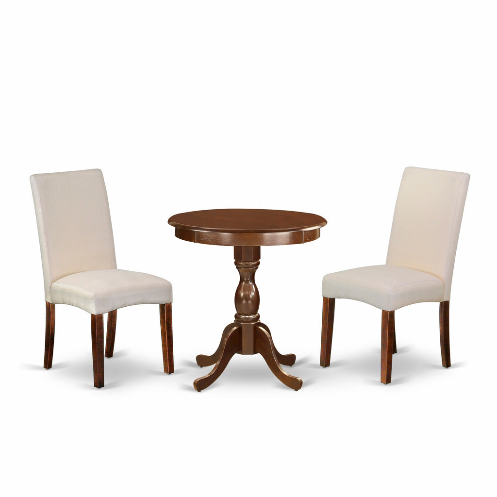 ESDR3-BFA-17 3-Piece Dining Ensemble Round Table with Stand and 2 Cream Linen Chairs, 30x30 Inch in Rich Wood Finish
