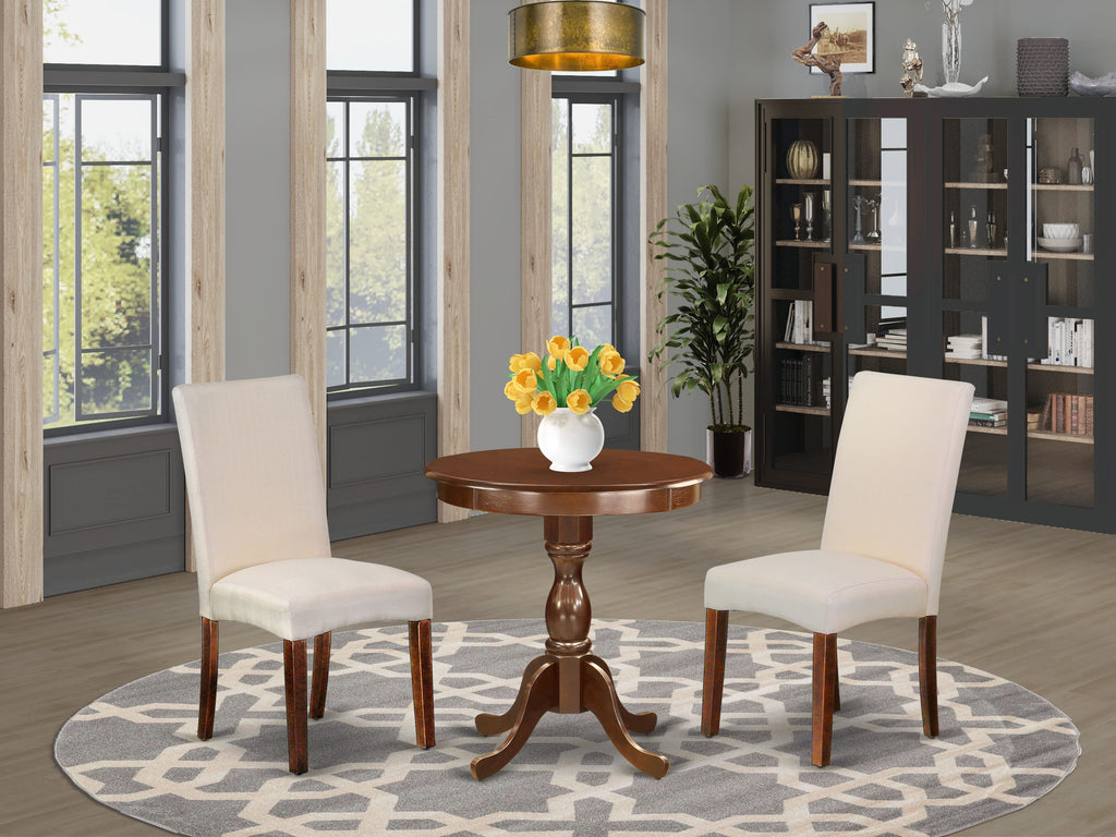 ESDR3-BFA-17 3-Piece Dining Ensemble Round Table with Stand and 2 Cream Linen Chairs, 30x30 Inch in Rich Wood Finish