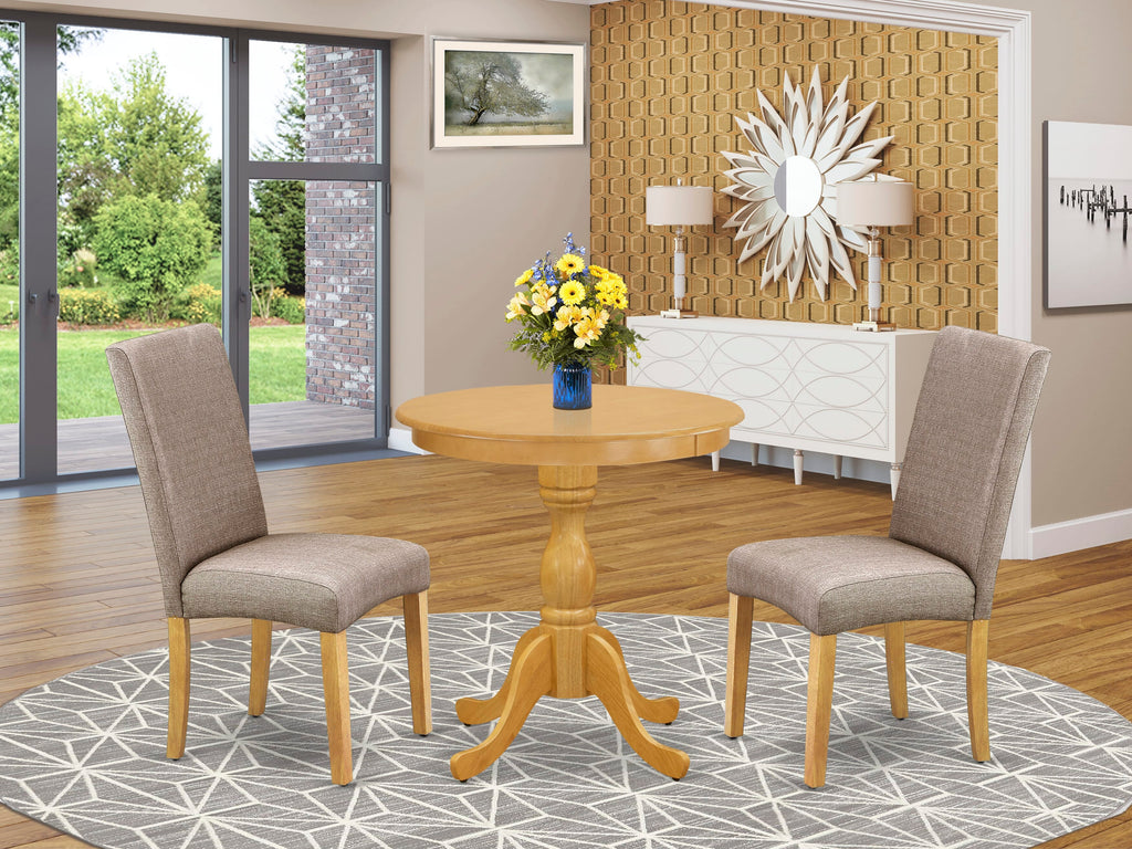 ESDR3-WHA-KR Elegant 3-Piece Dining Ensemble with Pedestal Table and Khaki Linen Chairs - Classic Oak Finish, 30x30