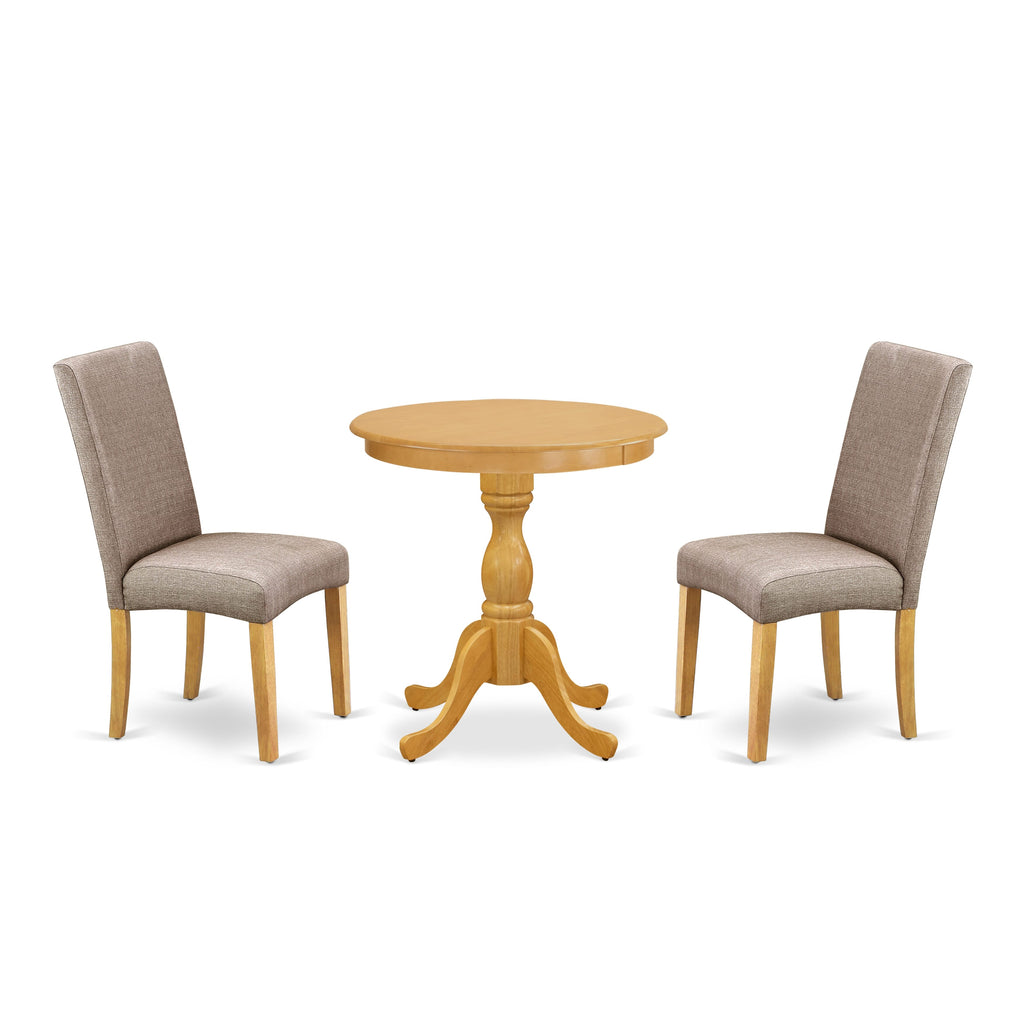 ESDR3-WHA-KR Elegant 3-Piece Dining Ensemble with Pedestal Table and Khaki Linen Chairs - Classic Oak Finish, 30x30