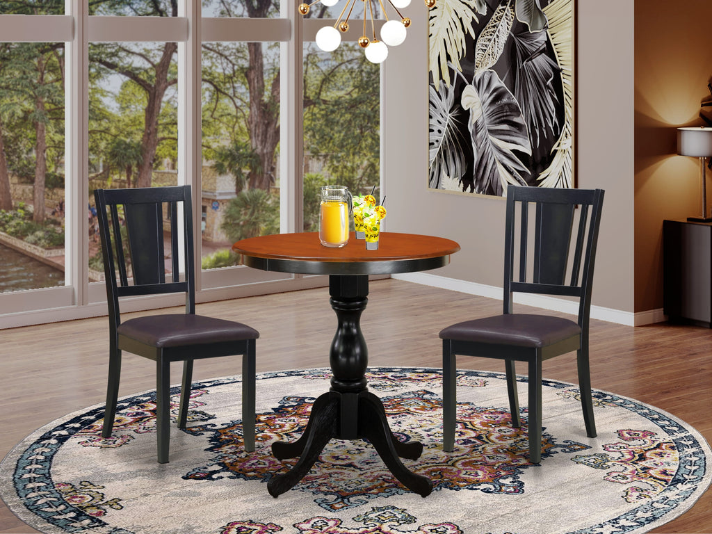 ESDU3-CQ3-1W Elegant 3-Piece Dining Ensemble with Pedestal Table and Faux Leather Chairs, 30x30 Inch, Black & Cherry Ambiance