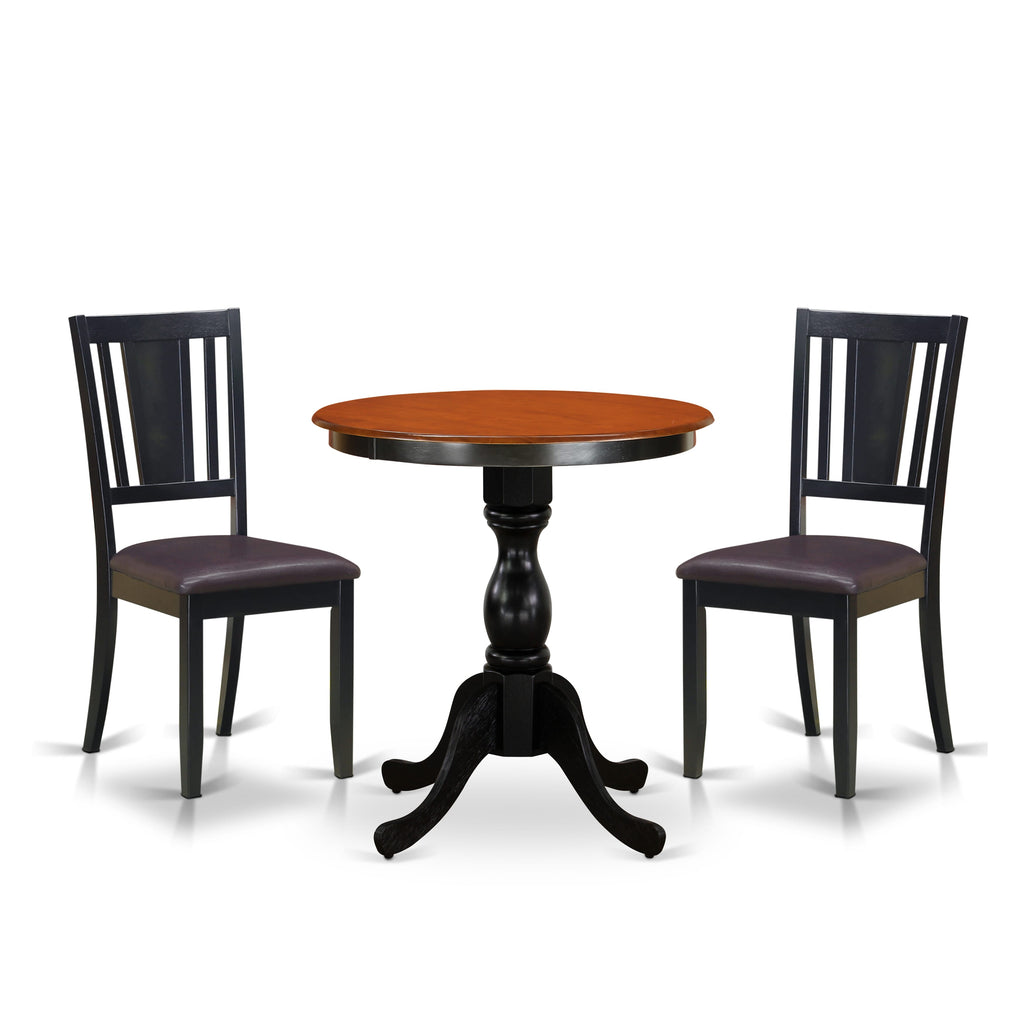ESDU3-CQ3-1W Elegant 3-Piece Dining Ensemble with Pedestal Table and Faux Leather Chairs, 30x30 Inch, Black & Cherry Ambiance