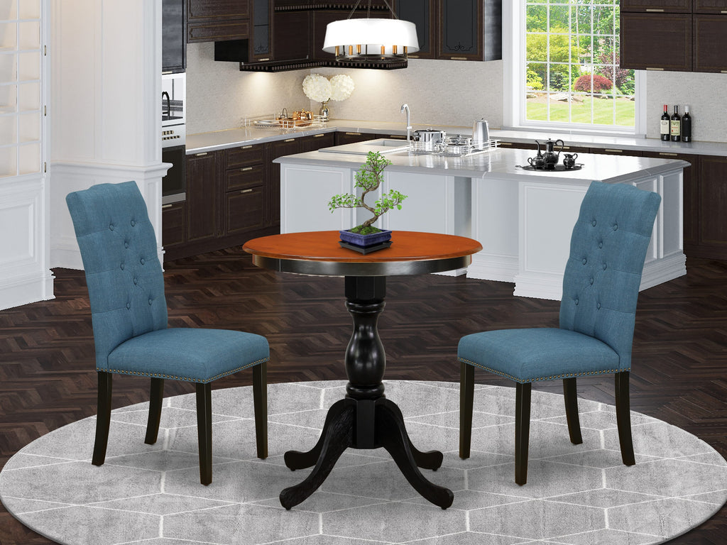 ESEL3-BJI-45 Stylish Round Pedestal Table Set with Two Blue Upholstered Chairs for Dining Elegance, 30x30 Inch Black & Cherry Finish