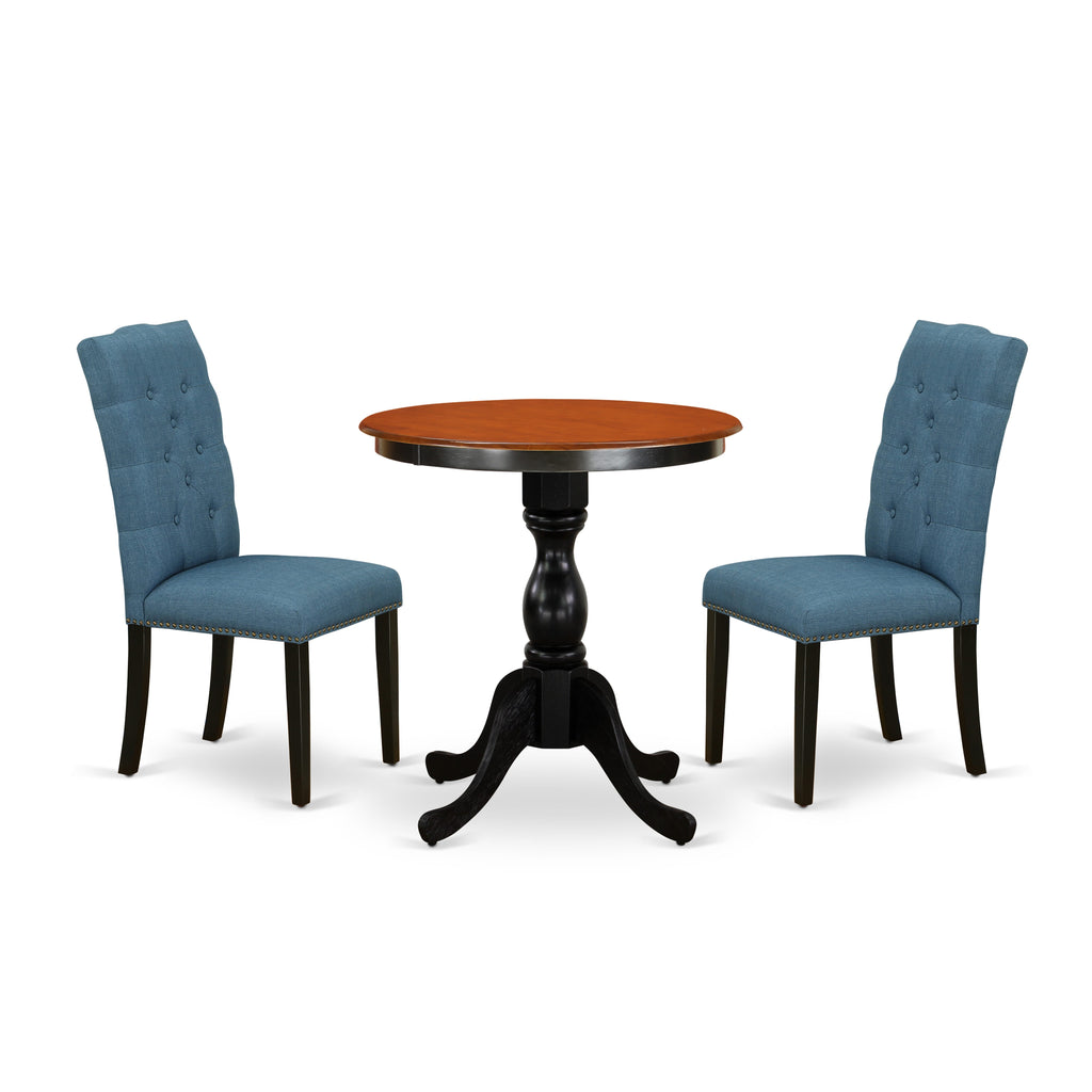 ESEL3-BJI-45 Stylish Round Pedestal Table Set with Two Blue Upholstered Chairs for Dining Elegance, 30x30 Inch Black & Cherry Finish