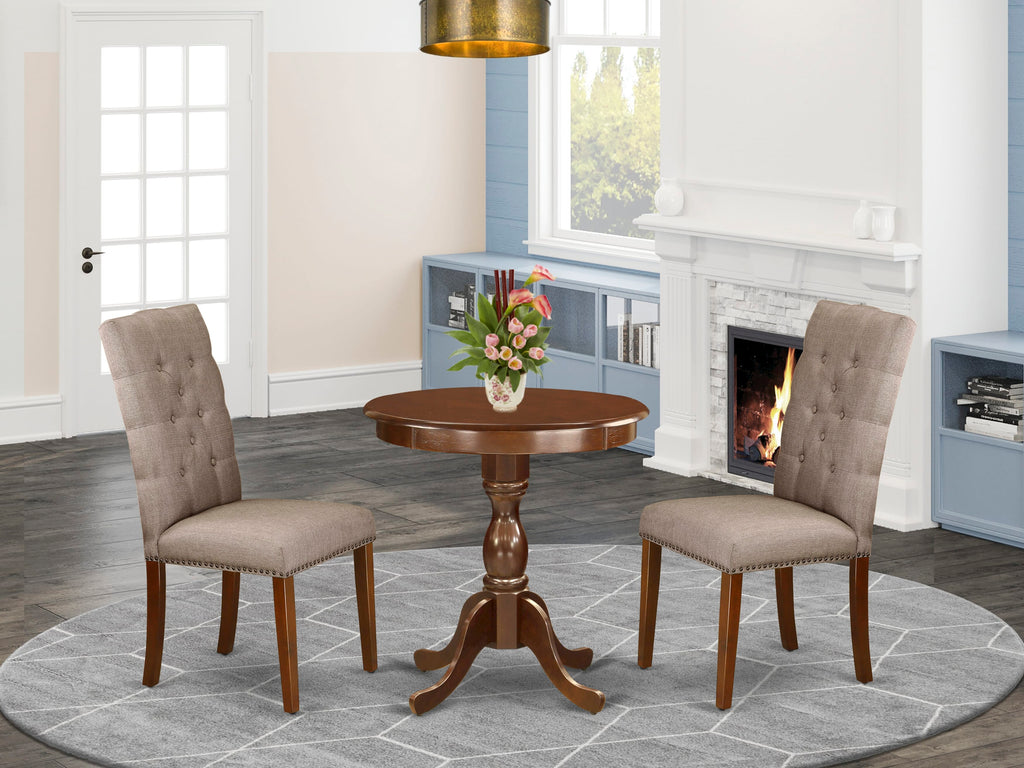 ESEL3-SEQ-PF Cozy 3 Piece Space-Saving Dining Set with Round Table and Khaki Chairs, Mahogany Finish