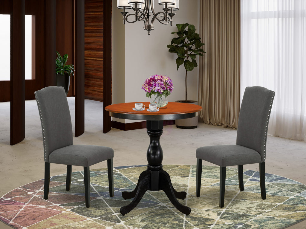 Experience Cozy Dining with ESEN3-1AU-EC 3pc Set, Round Table & 2 Elegant Parsons Chairs in Dark Shades, 30x30 (B&C)