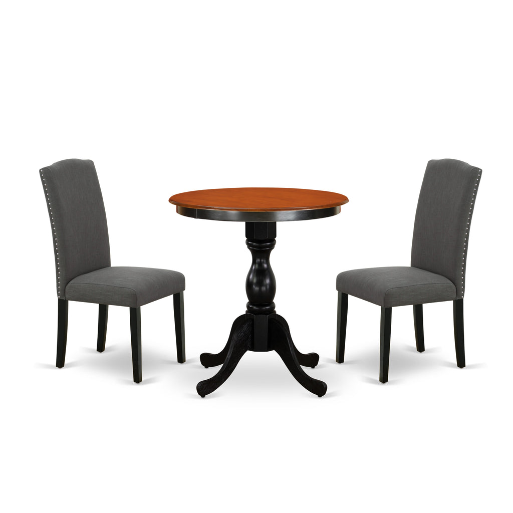 Experience Cozy Dining with ESEN3-1AU-EC 3pc Set, Round Table & 2 Elegant Parsons Chairs in Dark Shades, 30x30 (B&C)
