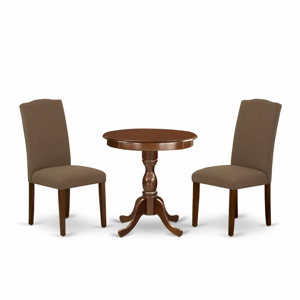 ESEN3-1ET-J6 Compact 3-Piece Dining Set with Pedestal Round Table and 2 Linen Chairs in Rich Mahogany