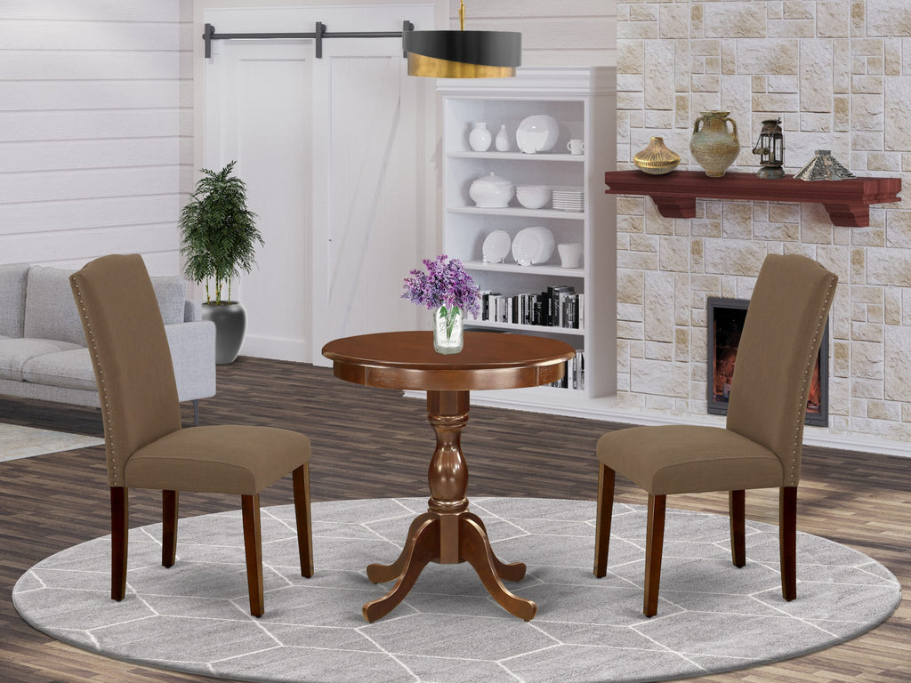 ESEN3-1ET-J6 Compact 3-Piece Dining Set with Pedestal Round Table and 2 Linen Chairs in Rich Mahogany