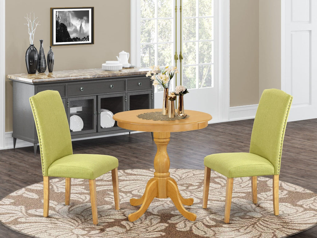 ESEN3-XG4-45 3-Piece Dining Ensemble for Compact Areas Featuring Pedestal Round Table and 2 Linen Fabric Chairs in Limelight, 30 Oak Finish