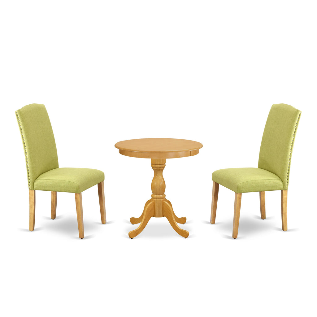 ESEN3-XG4-45 3-Piece Dining Ensemble for Compact Areas Featuring Pedestal Round Table and 2 Linen Fabric Chairs in Limelight, 30 Oak Finish