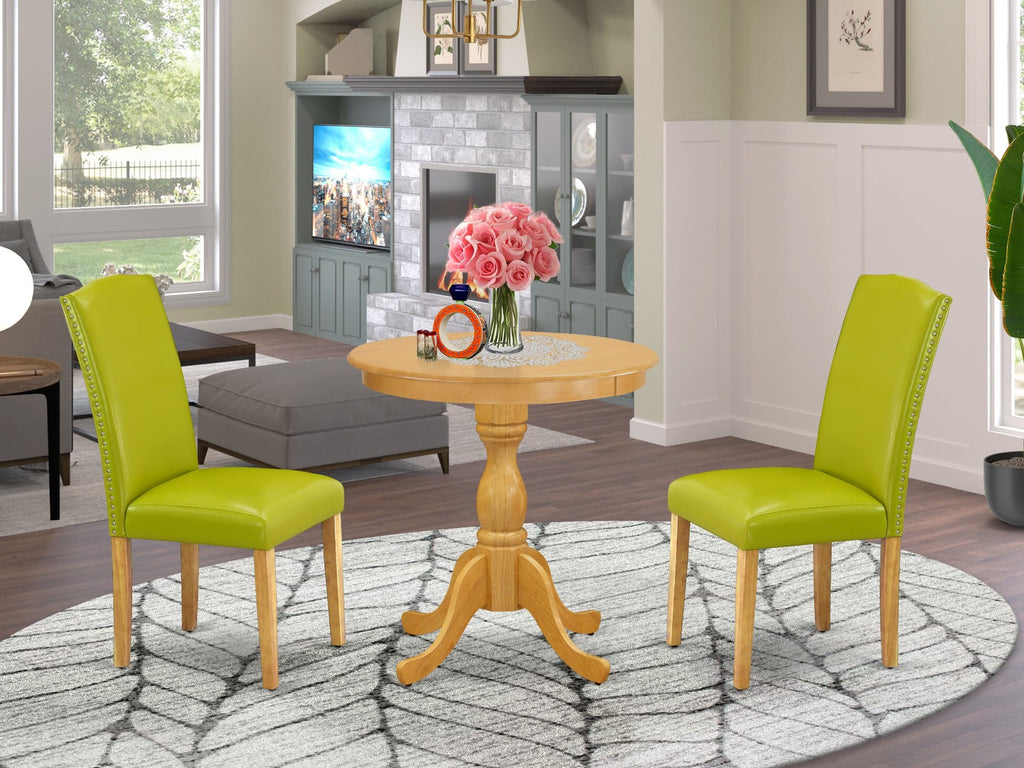 ESEN3-270-W8 Elegant Dining Trio - Circular Table & 2 Green Cushion Seats, Oak Finish