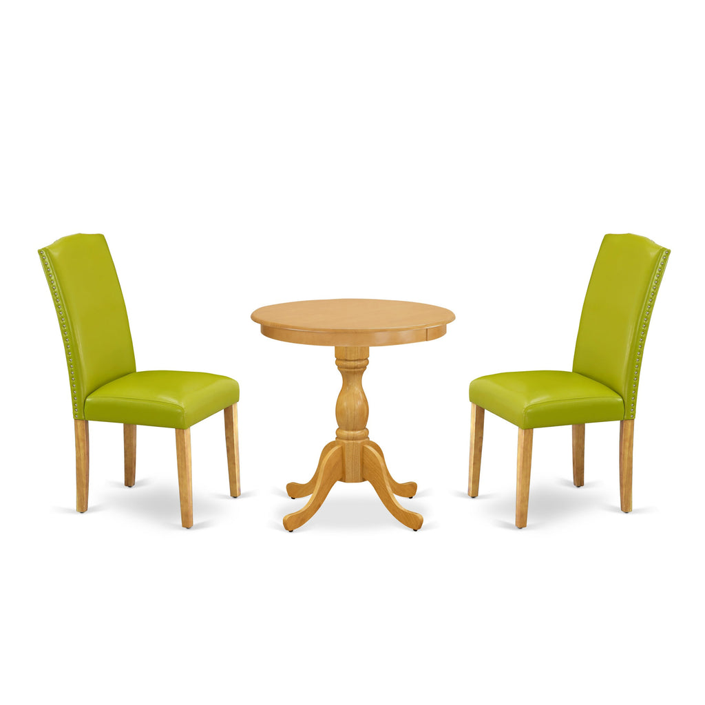 ESEN3-270-W8 Elegant Dining Trio - Circular Table & 2 Green Cushion Seats, Oak Finish