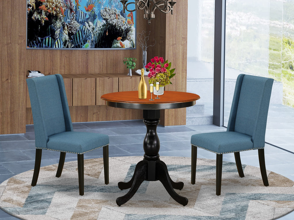 ESFL3-26E-6T Elegant 3-Piece Dining Ensemble with Round Table & Upholstered Chairs, Black & Cherry Finish