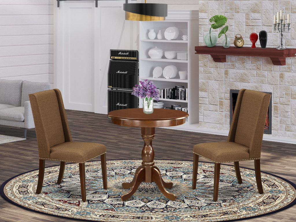 ESFL3-DT6-V7 3 Piece Dining Set Round Pedestal Table & 2 Upholstered Linen Chairs, Mahogany Finish, 30x30