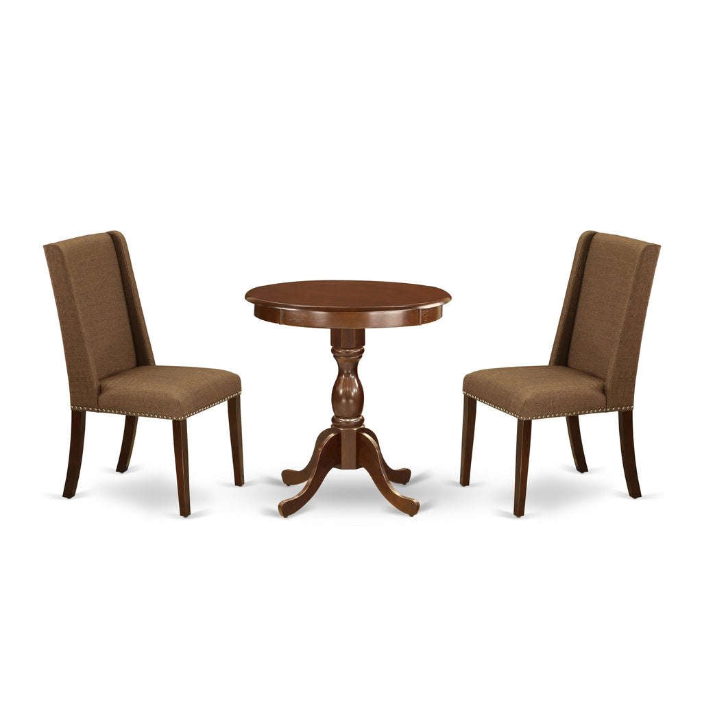 ESFL3-DT6-V7 3 Piece Dining Set Round Pedestal Table & 2 Upholstered Linen Chairs, Mahogany Finish, 30x30