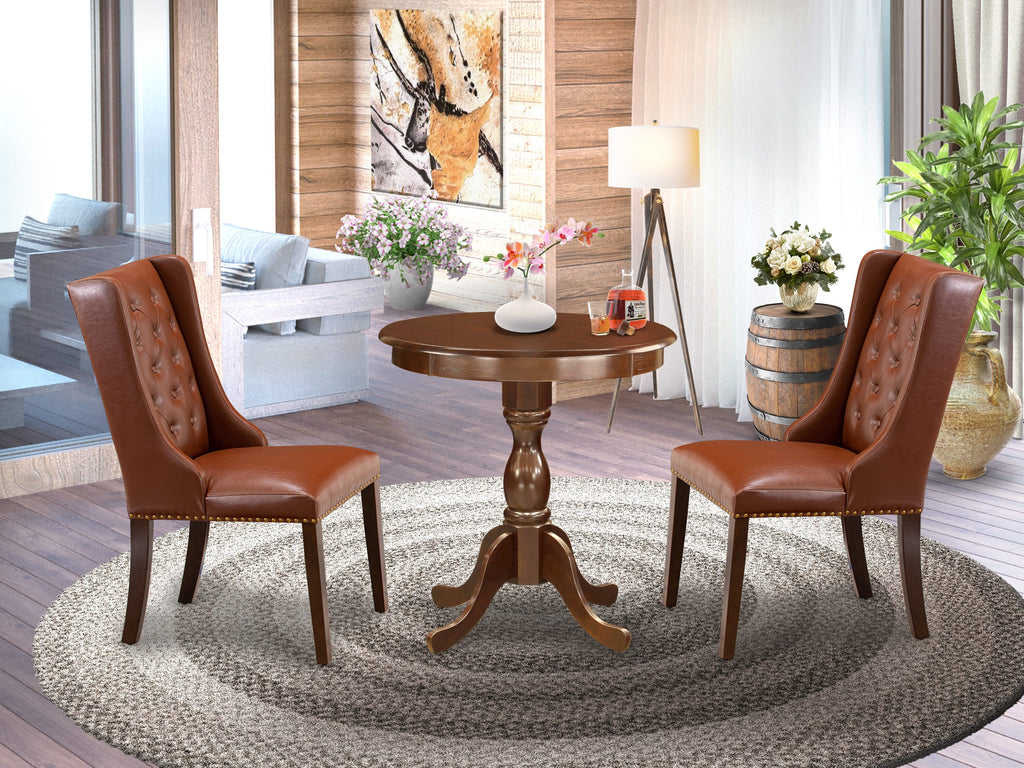 ESFO3-LFC-K3 Three-Piece Dining Collection for Cozy Corners Round Table with Pedestal & Two Faux Leather Brown Chairs