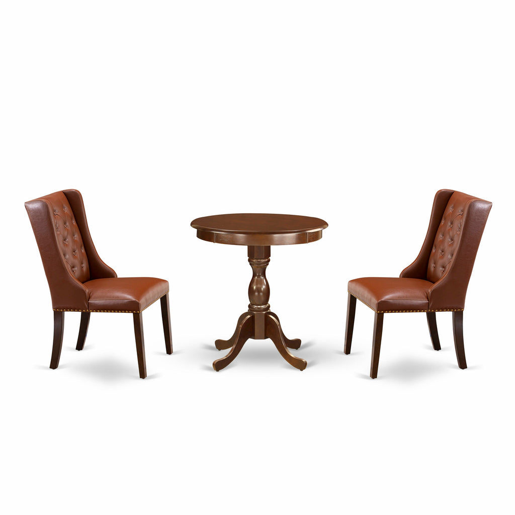 ESFO3-LFC-K3 Three-Piece Dining Collection for Cozy Corners Round Table with Pedestal & Two Faux Leather Brown Chairs