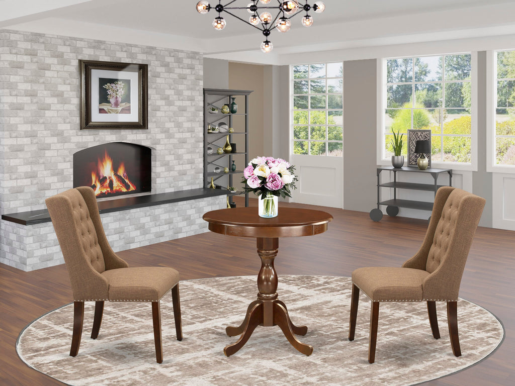 3 Pc Set ESFO3-39B-68 Round Dining Table & 2 Linen Upholstered Chairs, Mahogany Pedestal, 30