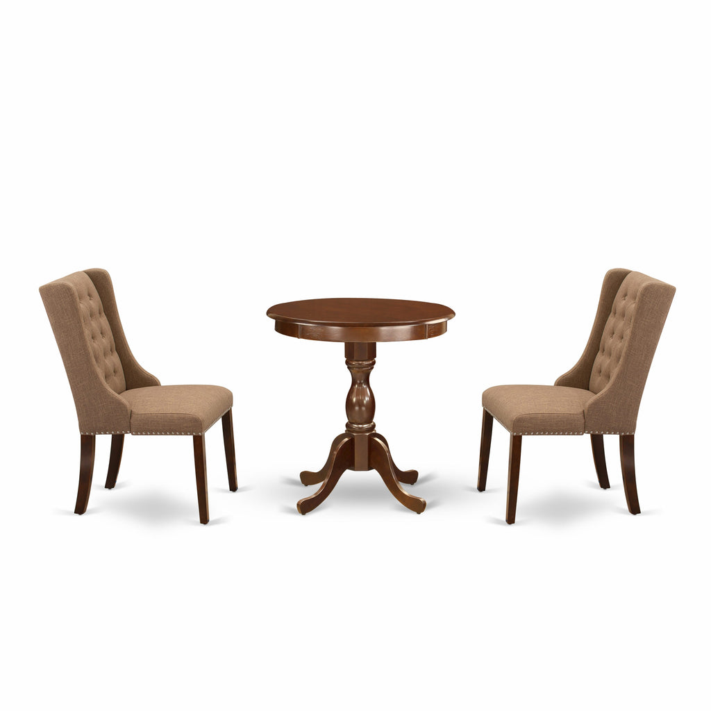 3 Pc Set ESFO3-39B-68 Round Dining Table & 2 Linen Upholstered Chairs, Mahogany Pedestal, 30