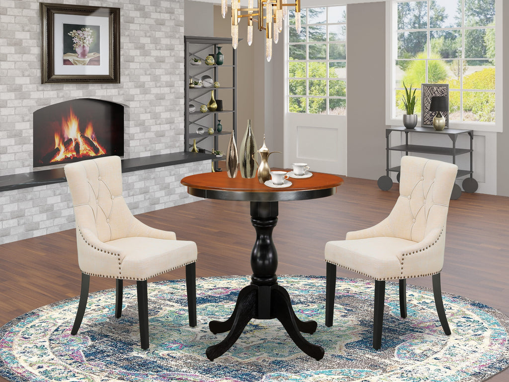 ESFR3-BF3-EE 3-Piece Dining Ensemble Includes Round Table with Pedestal Base & 2 Linen Beige Chairs, 30x30 Black Cherry