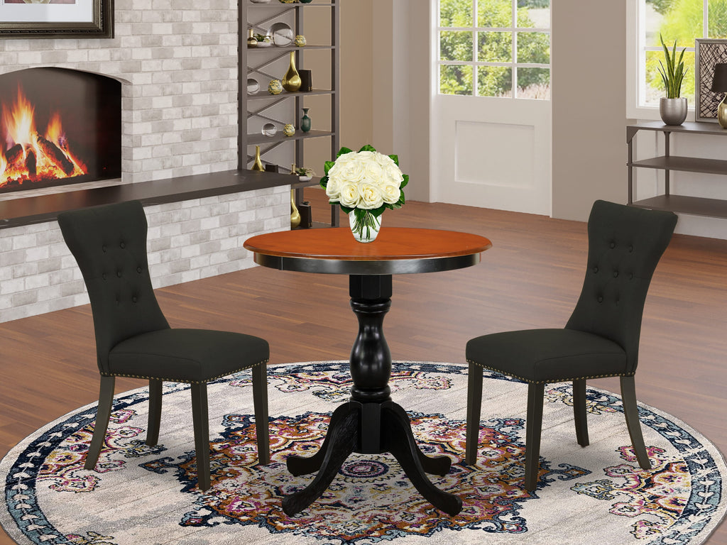ESGA3-I5G-A8 Dining Ensemble for Compact Areas with Circular Table and Two Cushioned Chairs, Black & Cherry