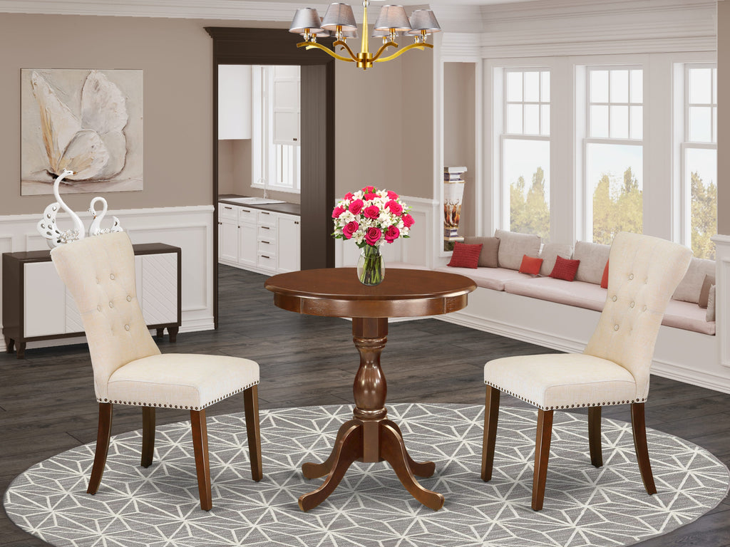 ESGA3-CX8-LE 3 Piece Compact Dining Set Featuring a Pedestal Round Table with Two Beige Linen Chairs, Mahogany Finish