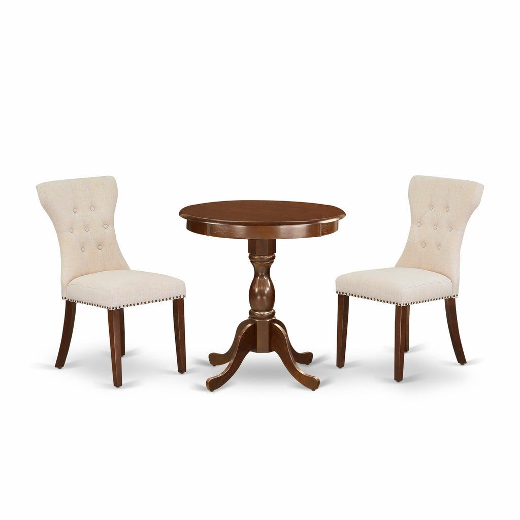 ESGA3-CX8-LE 3 Piece Compact Dining Set Featuring a Pedestal Round Table with Two Beige Linen Chairs, Mahogany Finish
