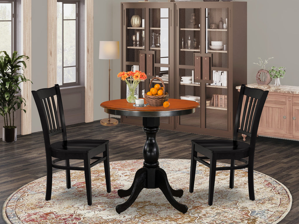 ESGR3-9UK-P 3-Piece Round Table Dining Set in Black & Cherry with Pedestal Base & Two Wood Chairs