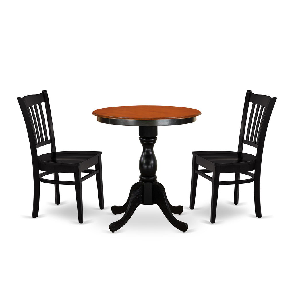 ESGR3-9UK-P 3-Piece Round Table Dining Set in Black & Cherry with Pedestal Base & Two Wood Chairs