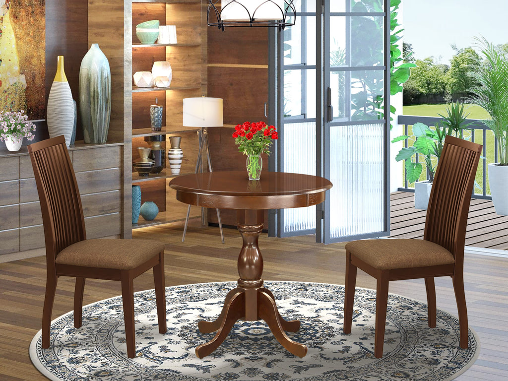 Chic 3-Piece Dining Set ESIP3-67N-M with a Round Pedestal Table and Linen Chairs 30x30 Mahogany