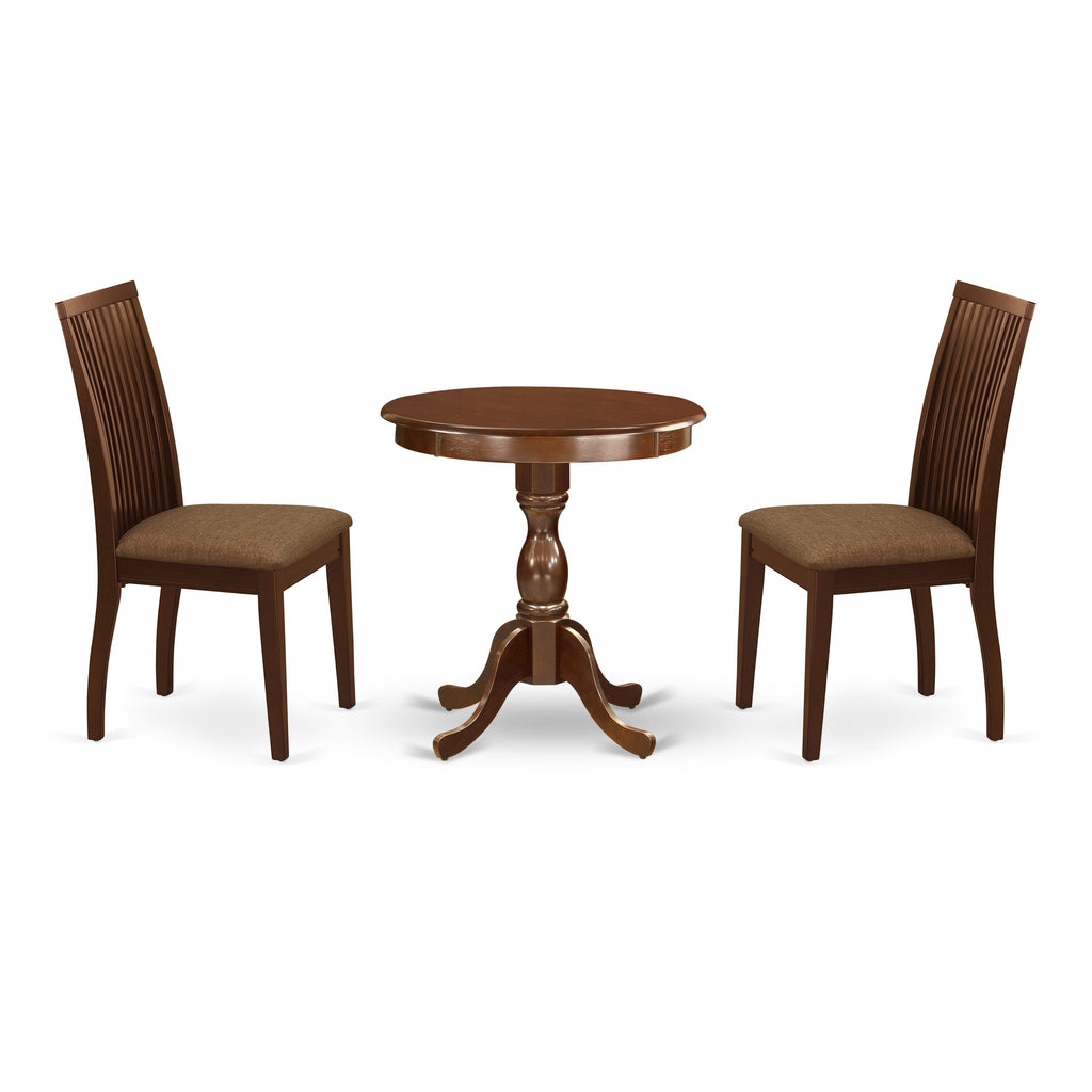 Chic 3-Piece Dining Set ESIP3-67N-M with a Round Pedestal Table and Linen Chairs 30x30 Mahogany