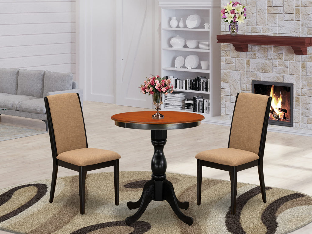 ESLA3-9K4 3 Piece Dining Ensemble with Round Wood Table and 2 Sable Fabric Chairs, Black Cherry