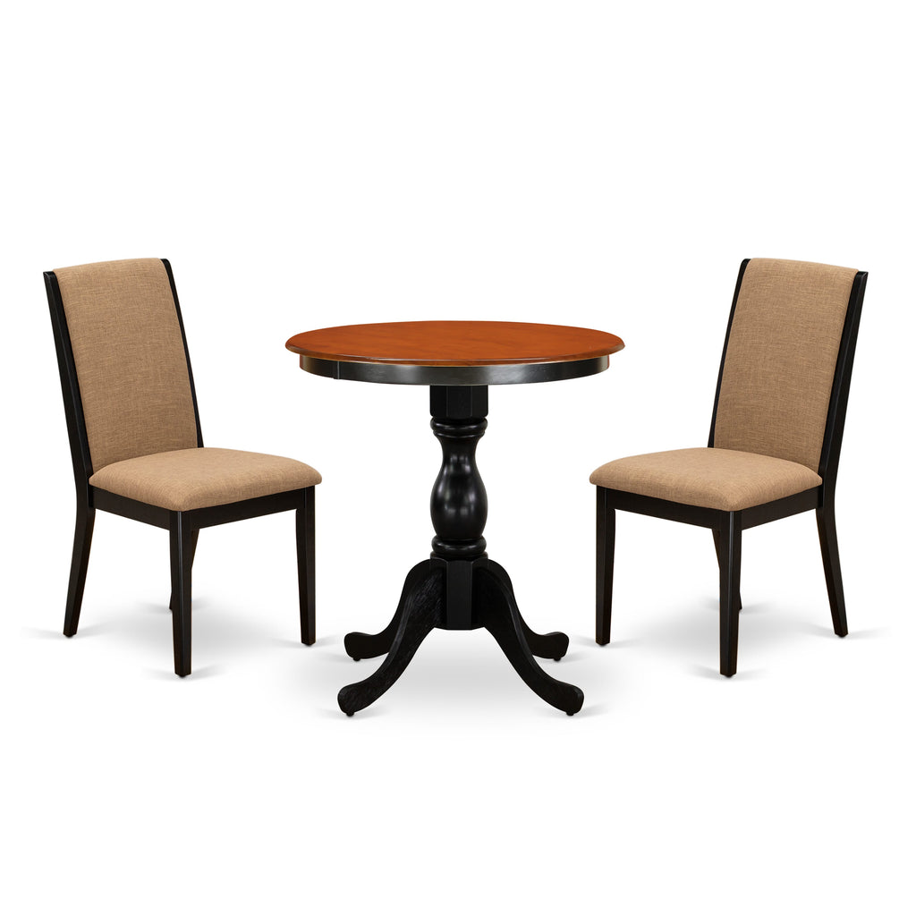 ESLA3-9K4 3 Piece Dining Ensemble with Round Wood Table and 2 Sable Fabric Chairs, Black Cherry