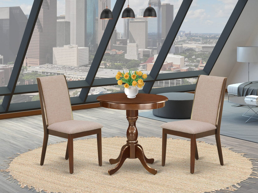 ESLA3-AJ1-CN - Elegant 3 Piece Dining Set, Mahogany Round Table with 2 Light Tan Fabric Chairs, 30x30
