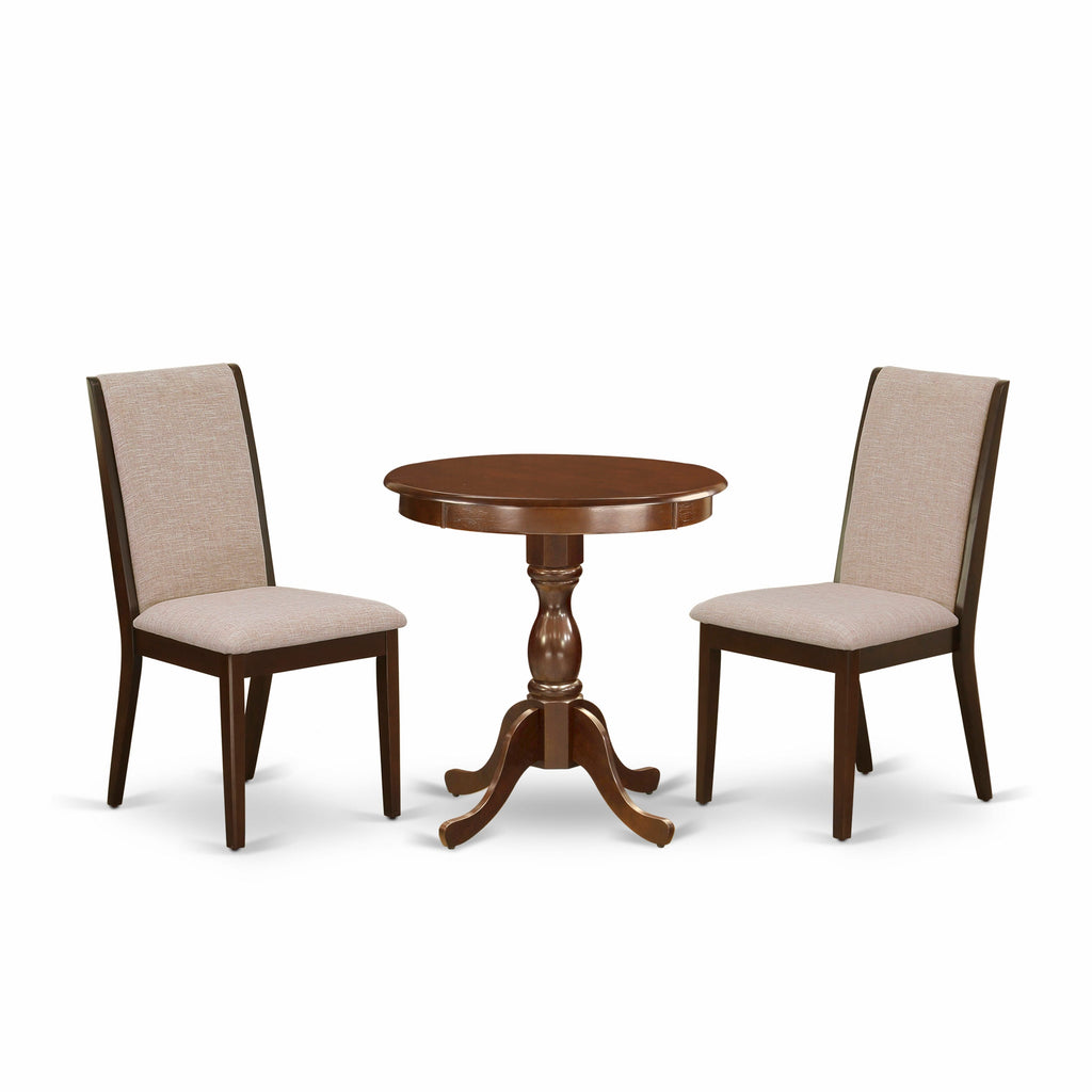 ESLA3-AJ1-CN - Elegant 3 Piece Dining Set, Mahogany Round Table with 2 Light Tan Fabric Chairs, 30x30
