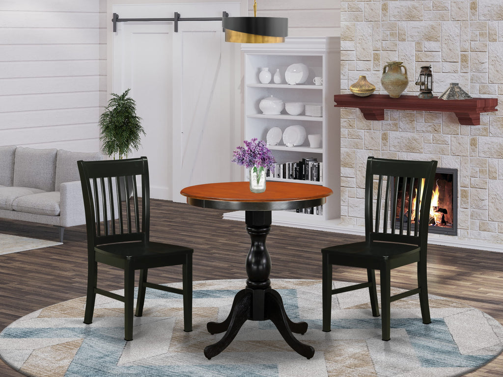 Elegant Dining Set ESNF3-7VS-H with Round Table and Wood Chairs - Black & Cherry Finish, 3-Piece