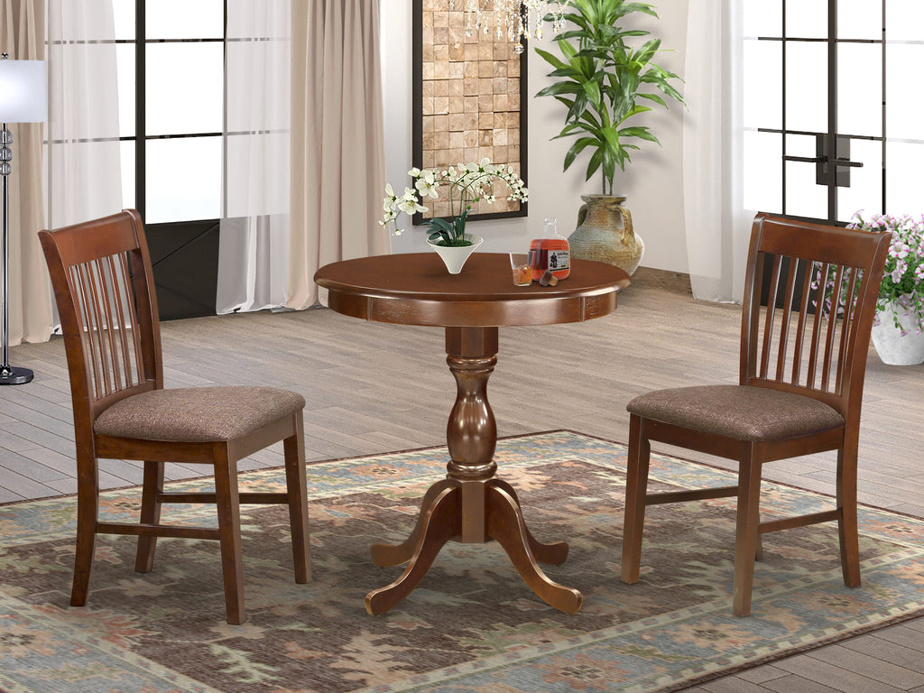 Compact ESNF3-QKJ-H 3-Piece Mahogany Dining Set with Round Pedestal Table & Linen Chairs for Cozy Spaces