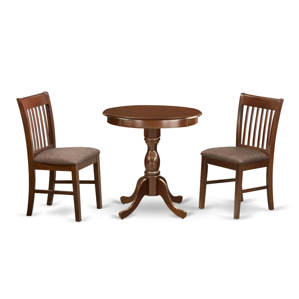 Compact ESNF3-QKJ-H 3-Piece Mahogany Dining Set with Round Pedestal Table & Linen Chairs for Cozy Spaces