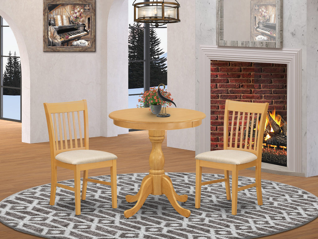 ESNF3-VU0-7 Modern 3 Pc Dining Set with Round Pedestal Table & 2 Upholstered Chairs in Oak Finish