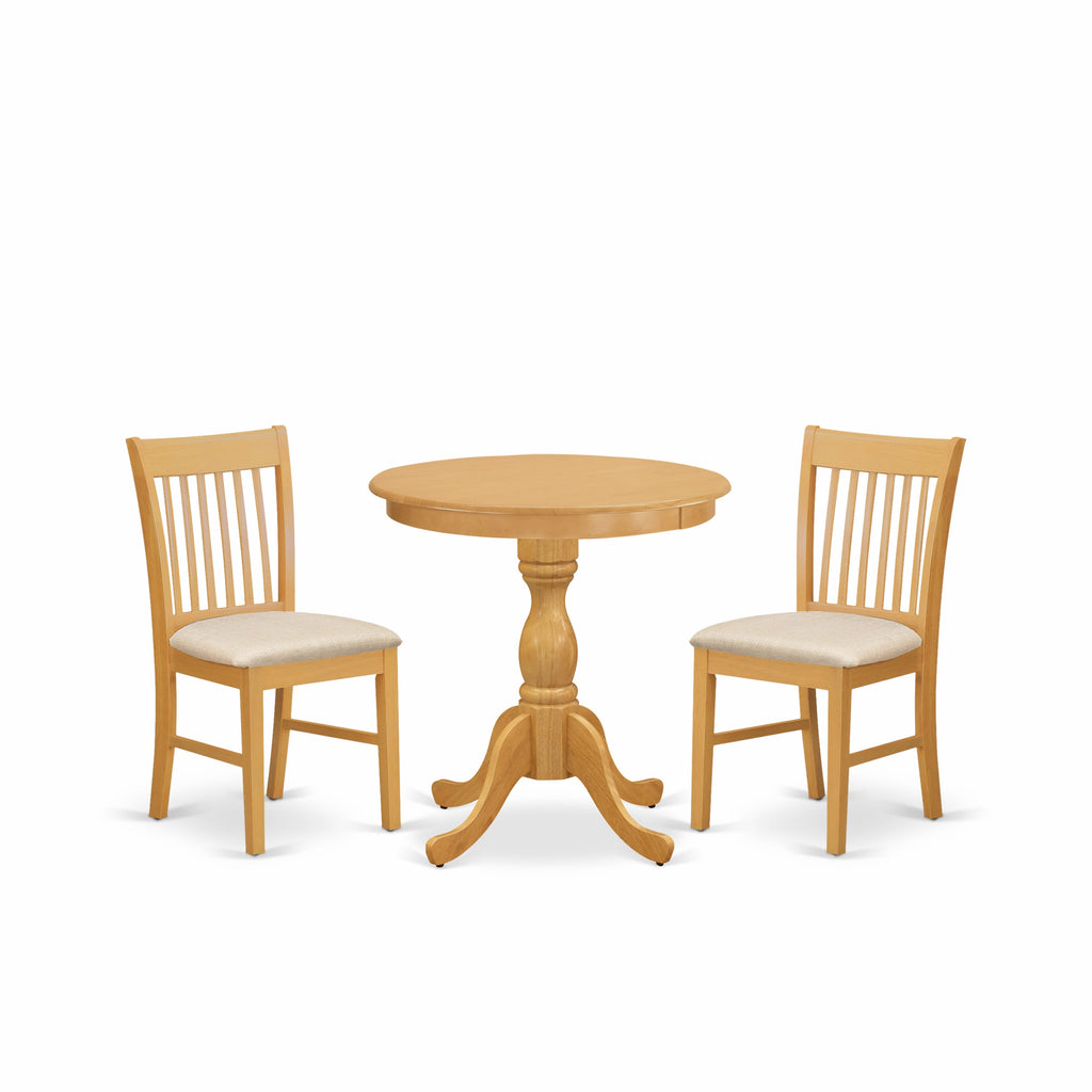 ESNF3-VU0-7 Modern 3 Pc Dining Set with Round Pedestal Table & 2 Upholstered Chairs in Oak Finish