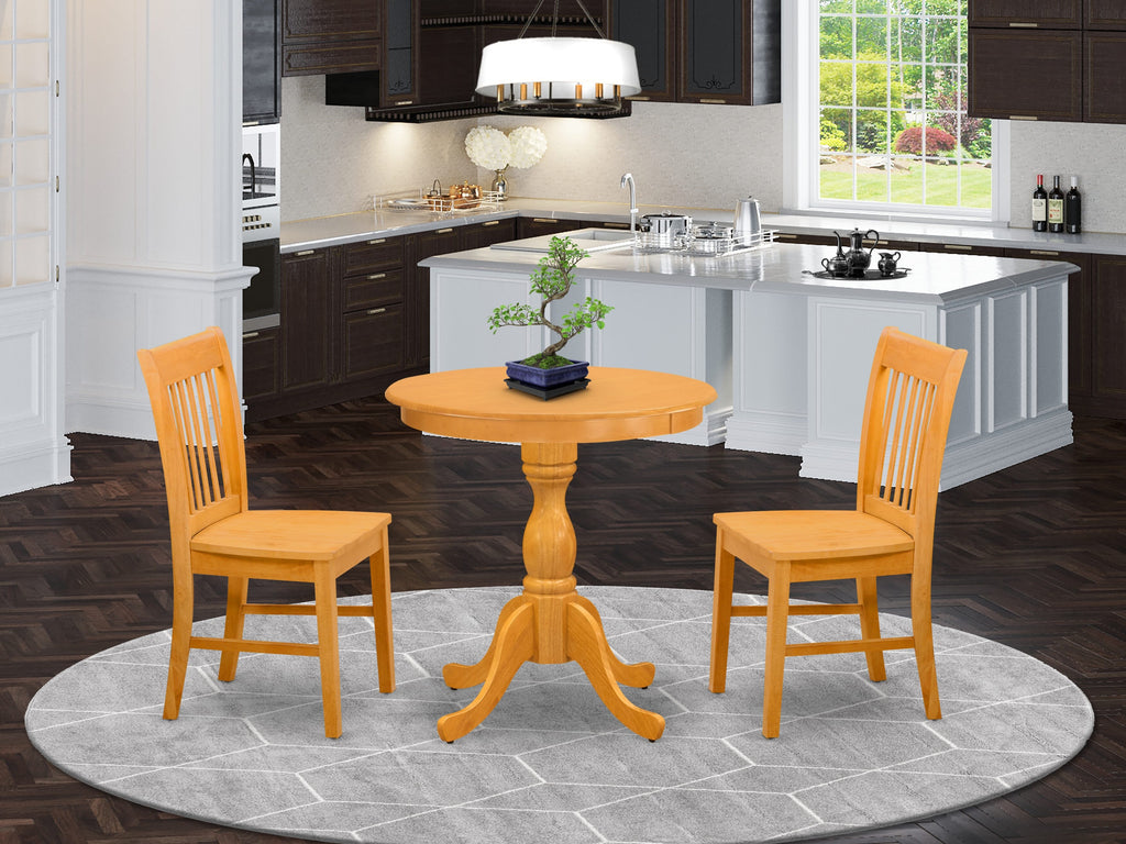 ESNF3-LZE-M 3-Piece Round Table & Chair Set with Pedestal Base and Two Kitchen Seats, 30 Oak Dining